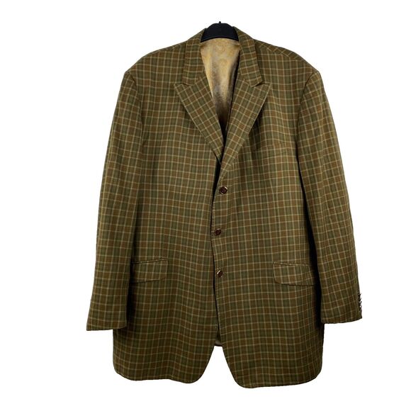 Men’s Sergio Valentino 2 PC Suit  Size  Wool Beige Green Brown Plaid Jacket/Vest - Picture 2 of 15